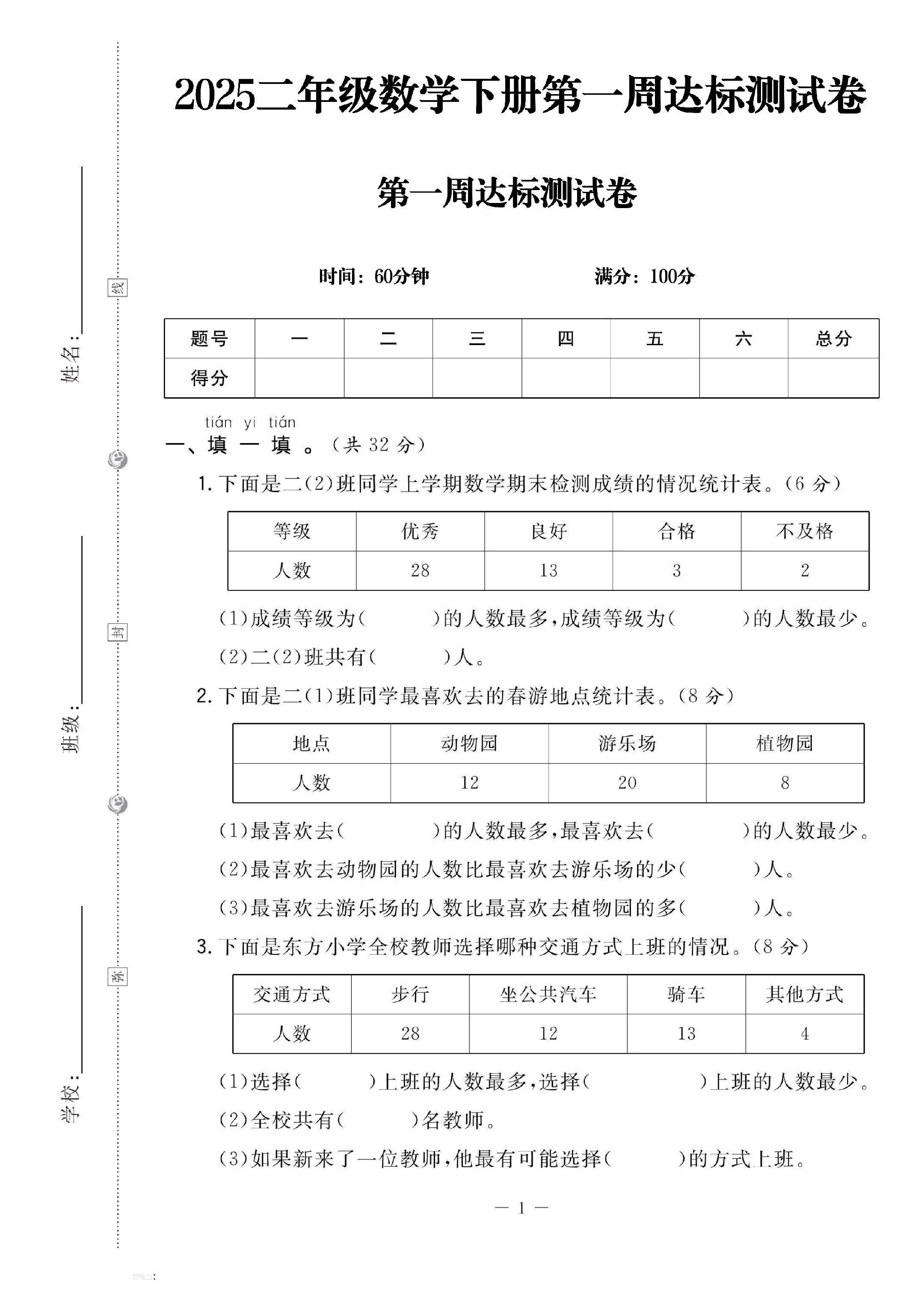 人教版数学二年级下册试卷