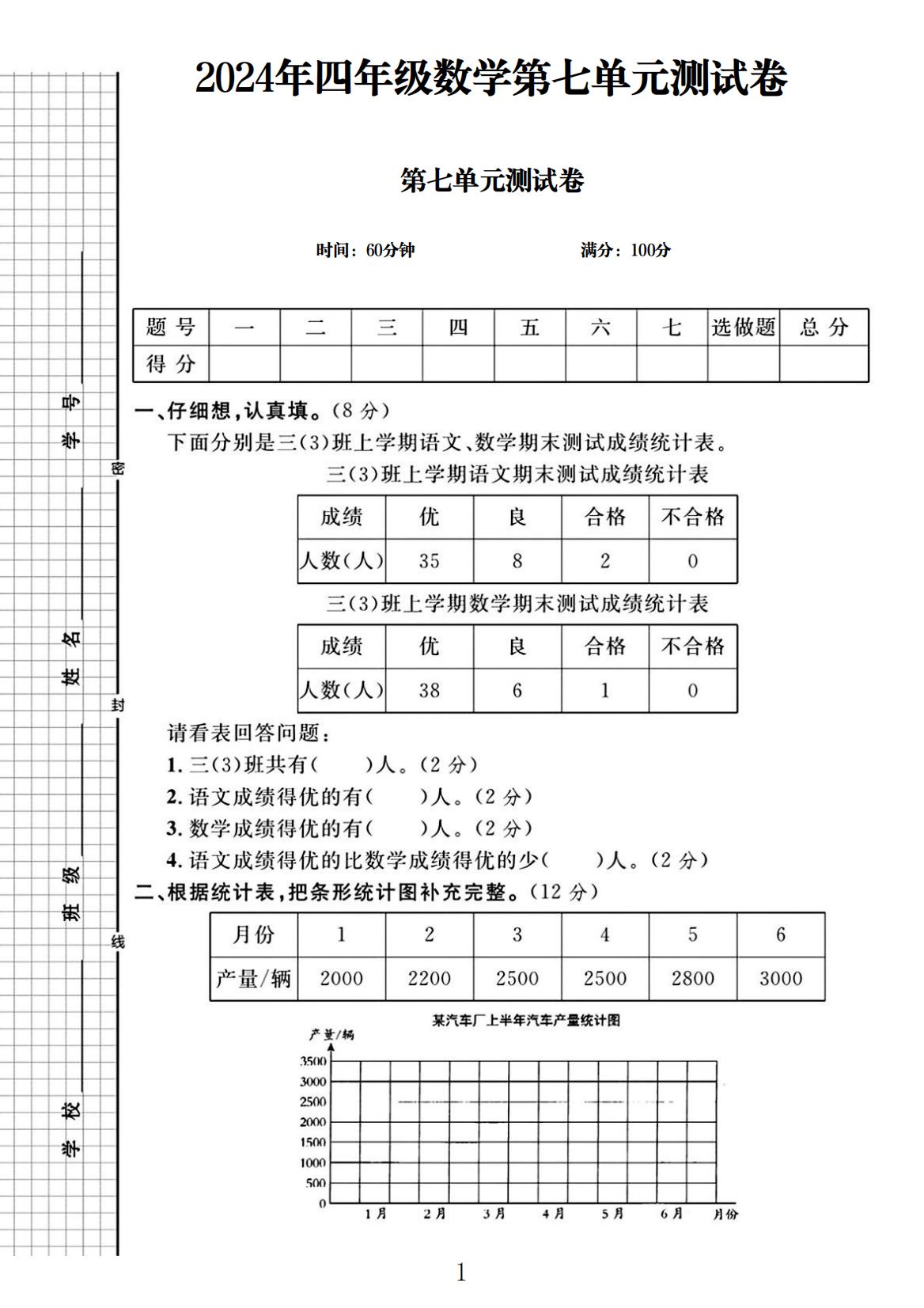 电子版数学四年级上册单元测试卷-第七单元-2