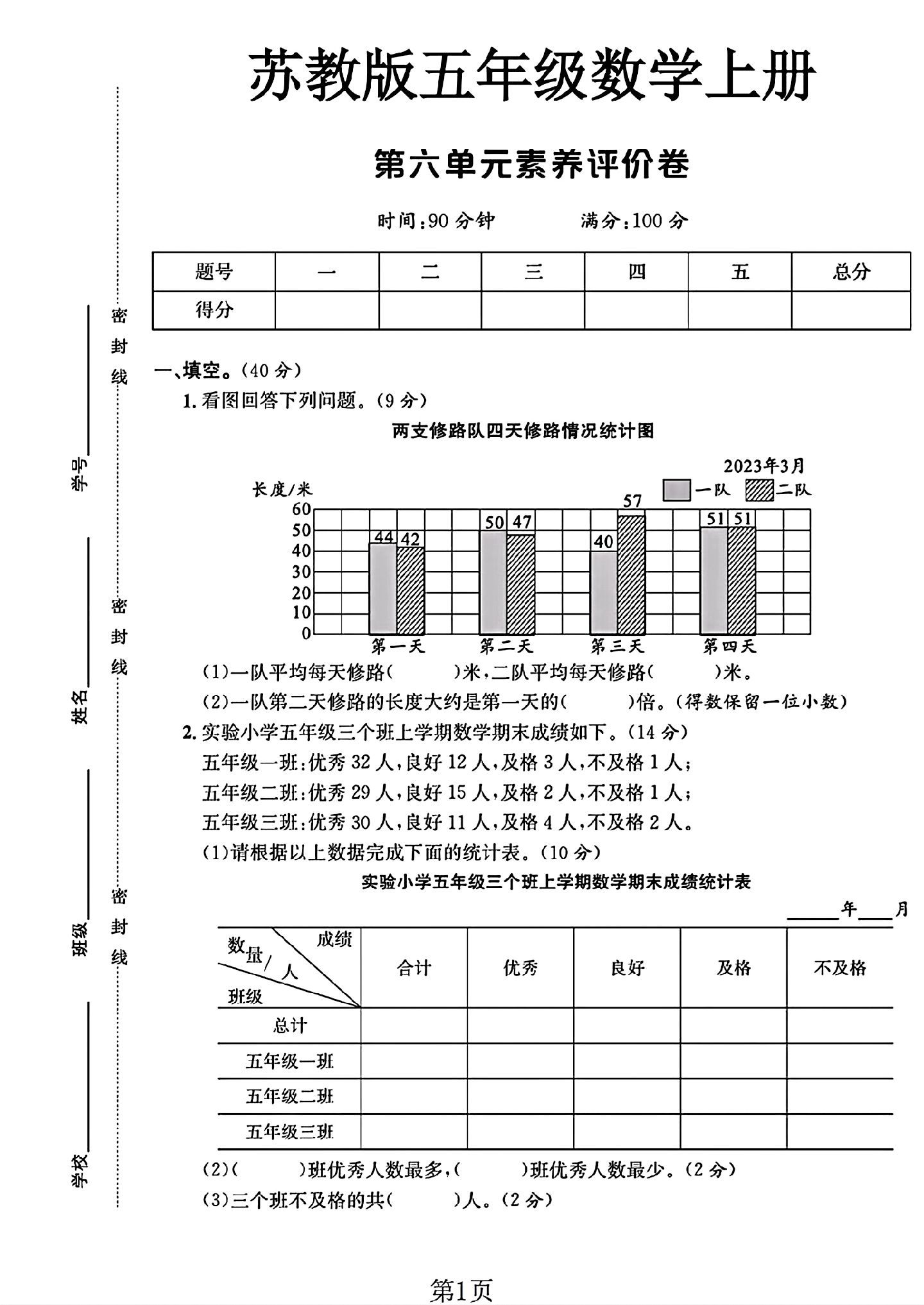 苏教版数学五年级上册单元测试卷-第六单元