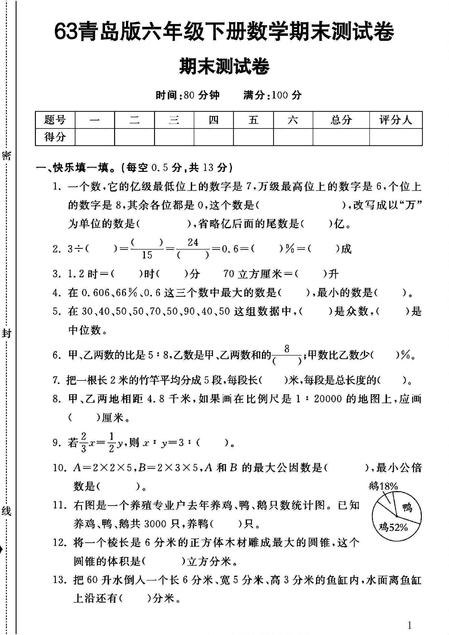 青岛版数学六年级下册期末卷